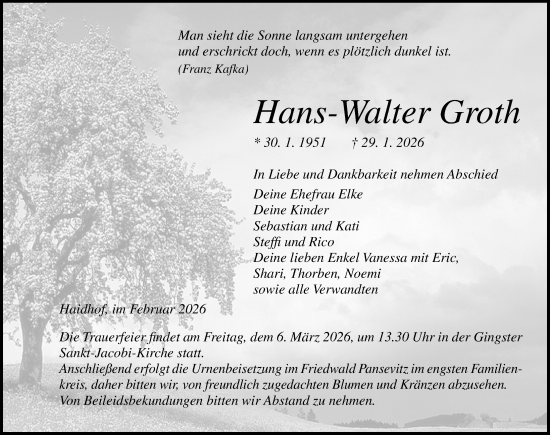 Traueranzeige von Hans-Walter Groth von Ostsee-Zeitung GmbH