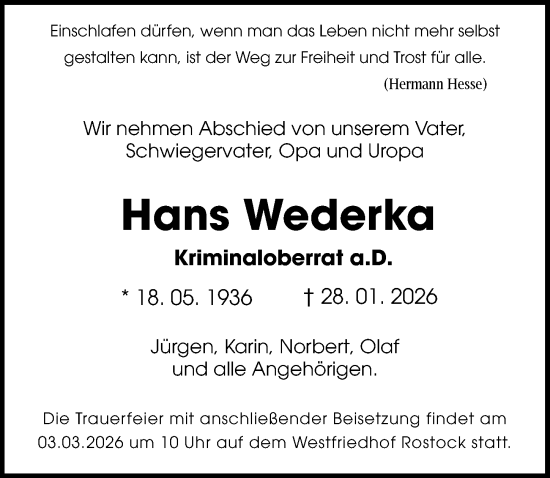 Traueranzeige von Hans Wederka von Ostsee-Zeitung GmbH