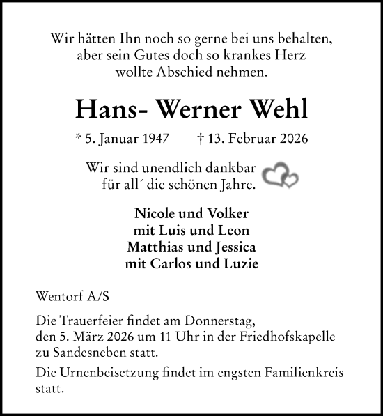 Traueranzeige von Hans-Werner Wehl von Lübecker Nachrichten