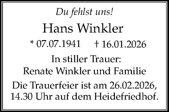 Traueranzeige von Hans Winkler von Sächsische Zeitung