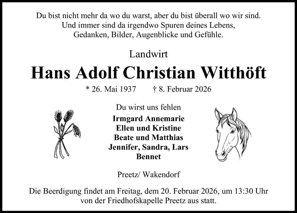  Traueranzeige für Hans Adolf Christian Witthöft vom 14.02.2026 aus Kieler Nachrichten