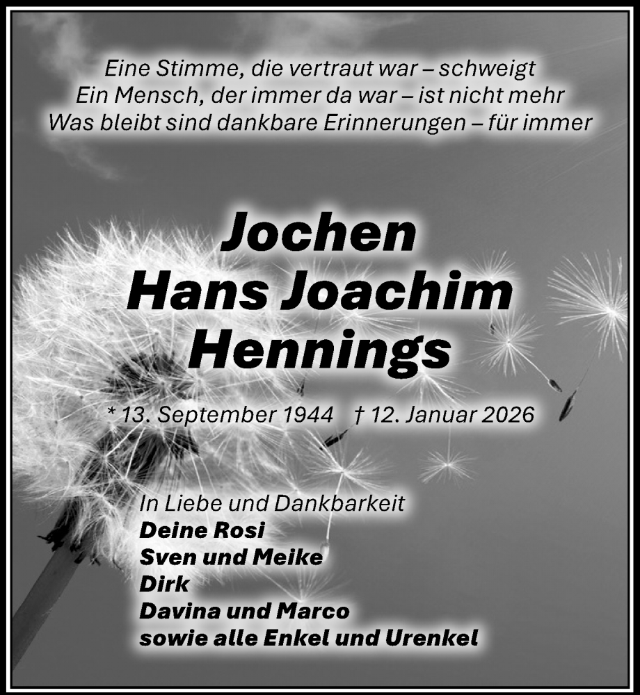  Traueranzeige für Hans Joachim Hennings vom 08.02.2026 aus Lübecker Nachrichten