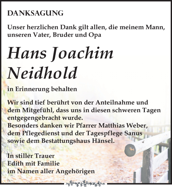 Traueranzeige von Hans Joachim Neidhold von Leipziger Volkszeitung