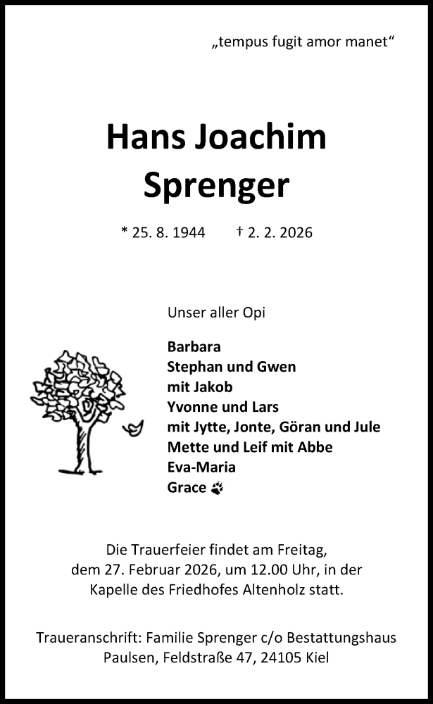  Traueranzeige für Hans Joachim Sprenger vom 14.02.2026 aus Kieler Nachrichten