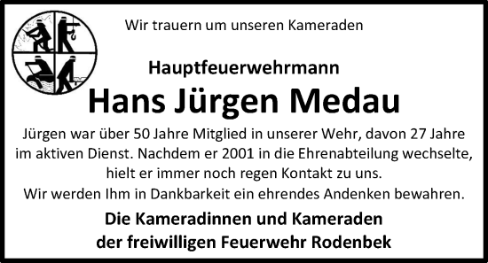 Traueranzeige von Hans Jürgen Medau von Kieler Nachrichten