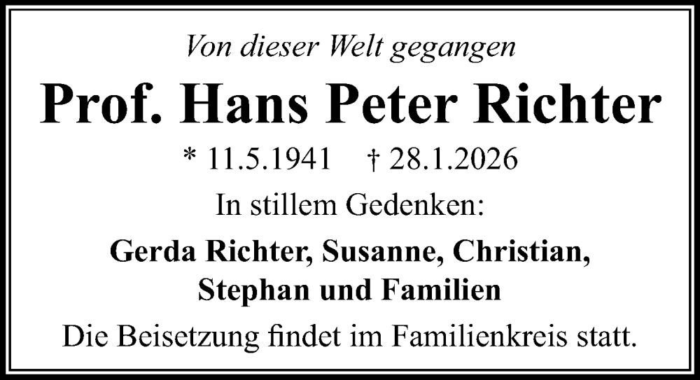  Traueranzeige für Hans Peter Richter vom 07.02.2026 aus Sächsische Zeitung