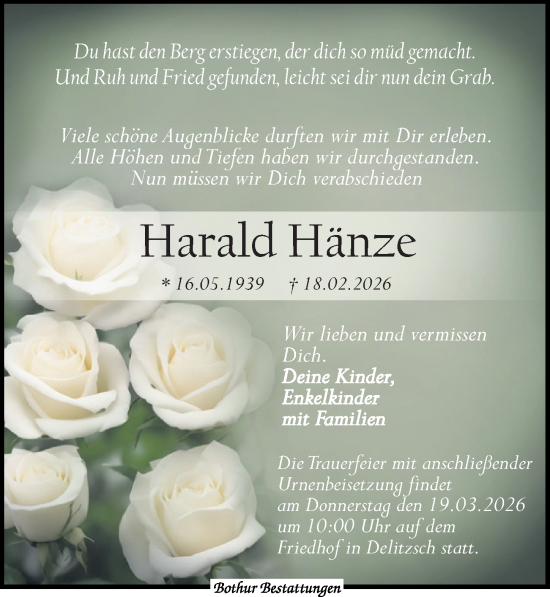 Traueranzeige von Harald Hänze von Leipziger Volkszeitung
