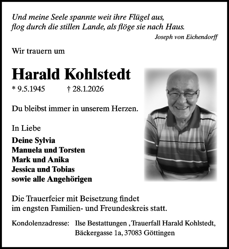  Traueranzeige für Harald Kohlstedt vom 14.02.2026 aus Göttinger Tageblatt
