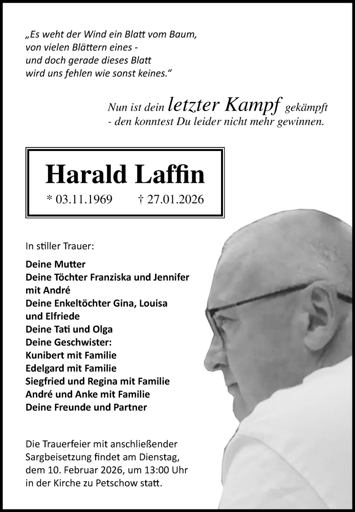  Traueranzeige für Harald Laffin vom 07.02.2026 aus Ostsee-Zeitung GmbH