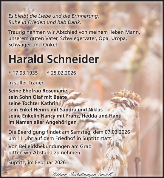 Traueranzeige von Harald Schneider von Torgauer Zeitung