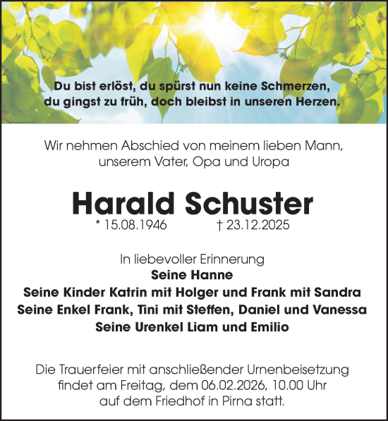 Traueranzeige von Harald Schuster von Sächsische Zeitung