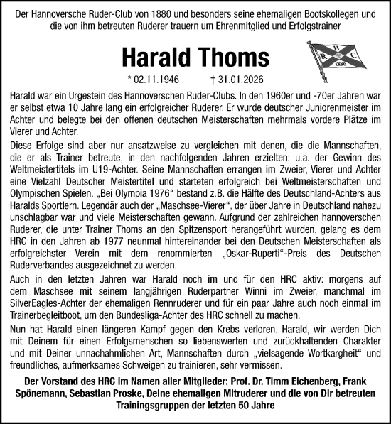 Traueranzeige von Harald Thoms von Hannoversche Allgemeine Zeitung/Neue Presse