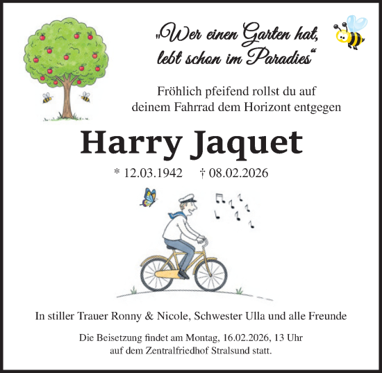 Traueranzeige von Harry Jaquet von Ostsee-Zeitung GmbH