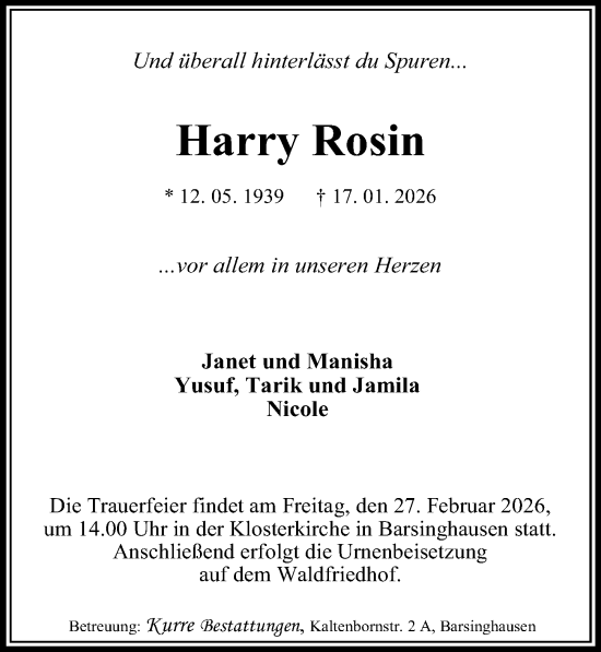 Traueranzeige von Harry Rosin von Hannoversche Allgemeine Zeitung/Neue Presse