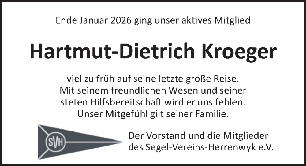  Traueranzeige für Hartmut-Dietrich Kroeger vom 08.02.2026 aus Lübecker Nachrichten