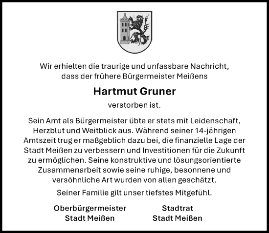 Traueranzeige von Hartmut Gruner von Sächsische Zeitung