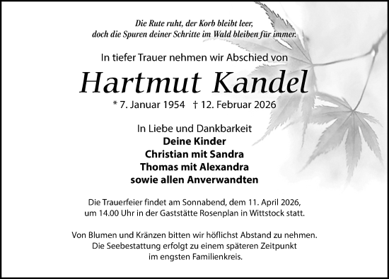 Traueranzeige von Hartmut Kandel von Wochenspiegel