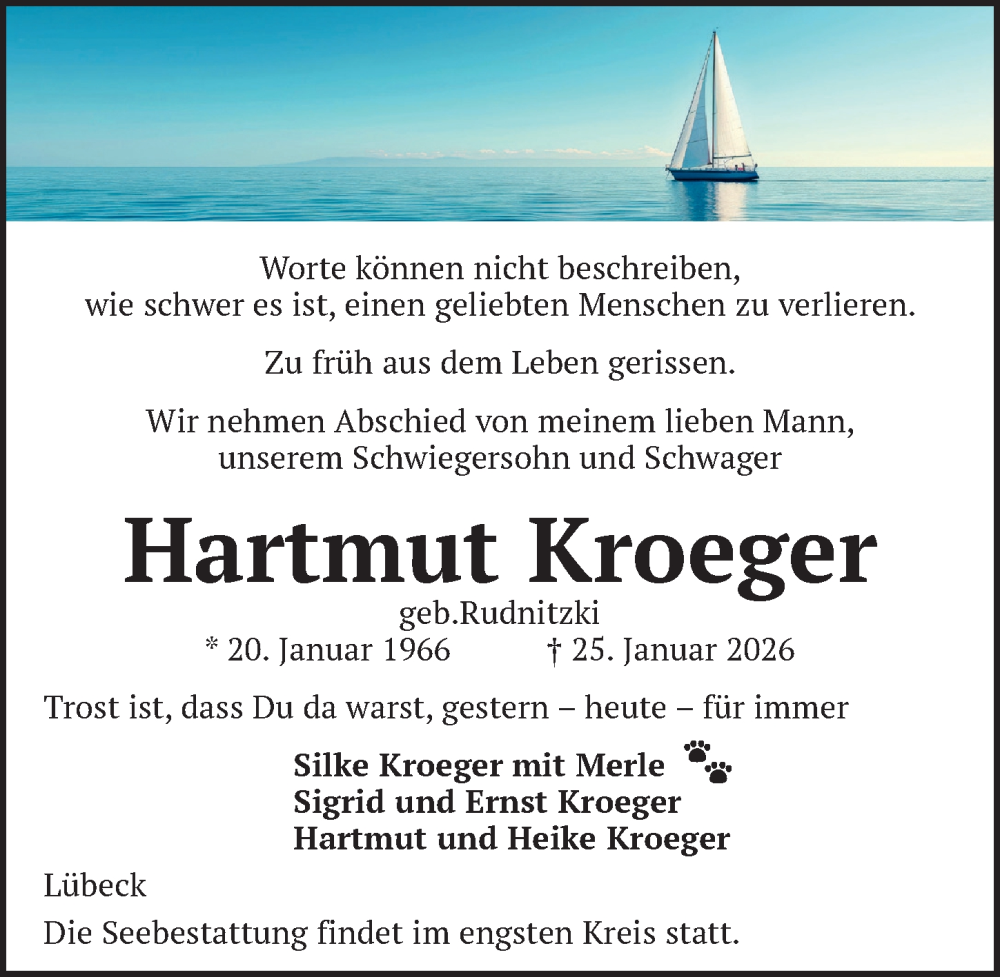  Traueranzeige für Hartmut Kroeger vom 15.02.2026 aus Lübecker Nachrichten
