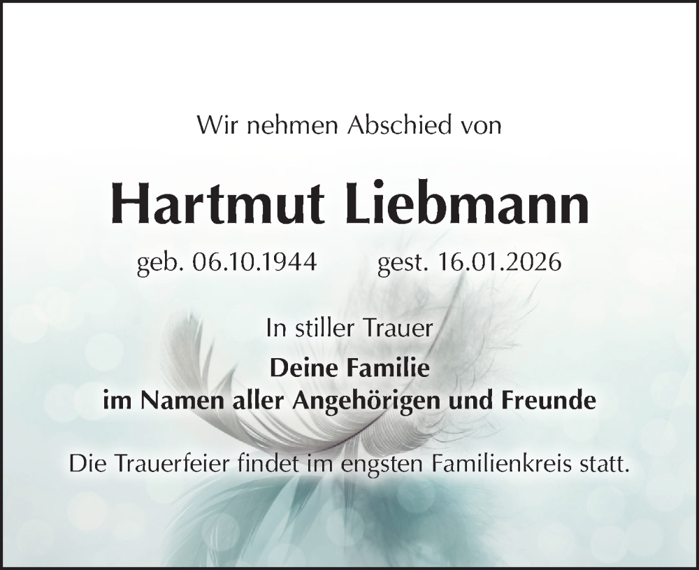  Traueranzeige für Hartmut Liebmann vom 21.02.2026 aus Leipziger Volkszeitung