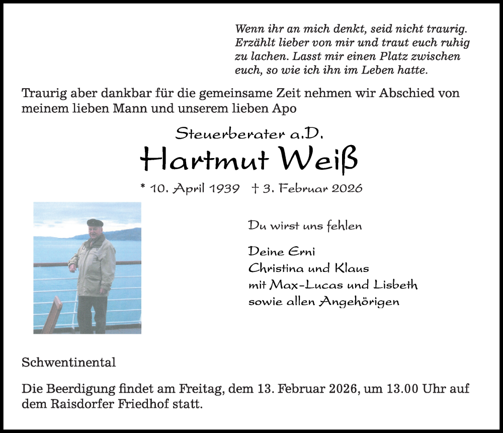  Traueranzeige für Hartmut Weiß vom 07.02.2026 aus Kieler Nachrichten