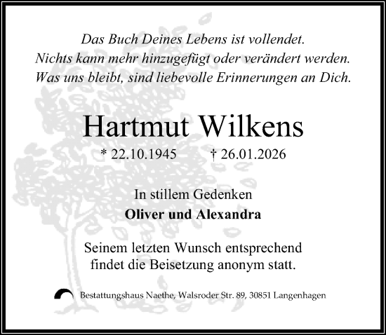 Traueranzeige von Hartmut Wilkens von Hannoversche Allgemeine Zeitung/Neue Presse