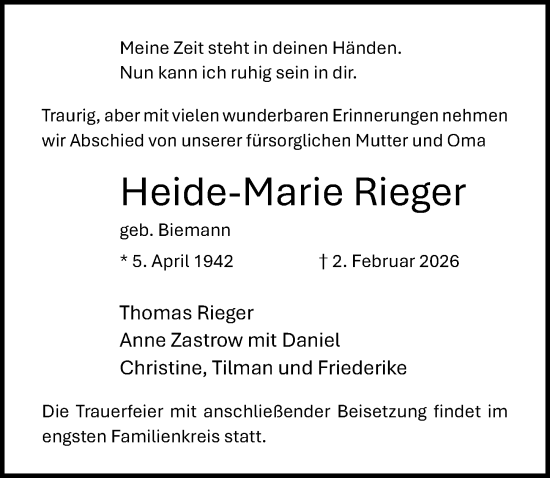 Traueranzeige von Heide-Marie Rieger von Ostsee-Zeitung GmbH