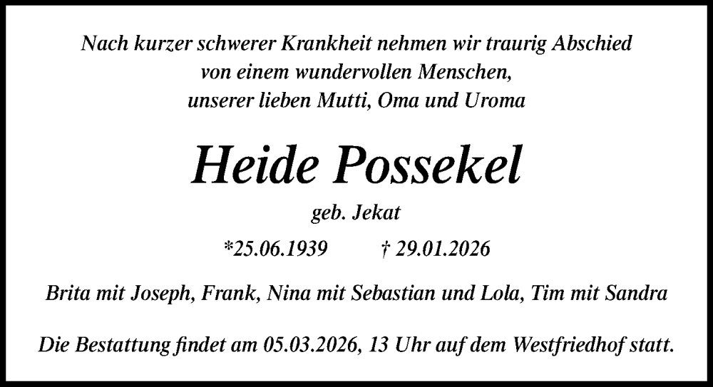  Traueranzeige für Heide Possekel vom 21.02.2026 aus Ostsee-Zeitung GmbH
