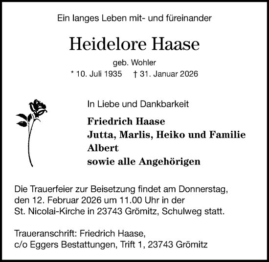 Traueranzeige von Heidelore Haase von Lübecker Nachrichten