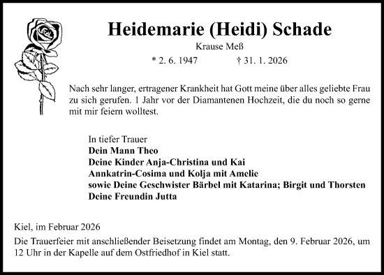 Traueranzeige von Heidemarie Schade von Kieler Nachrichten