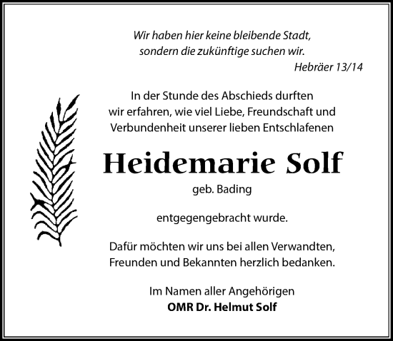 Traueranzeige von Heidemarie Solf von Märkischen Allgemeine Zeitung