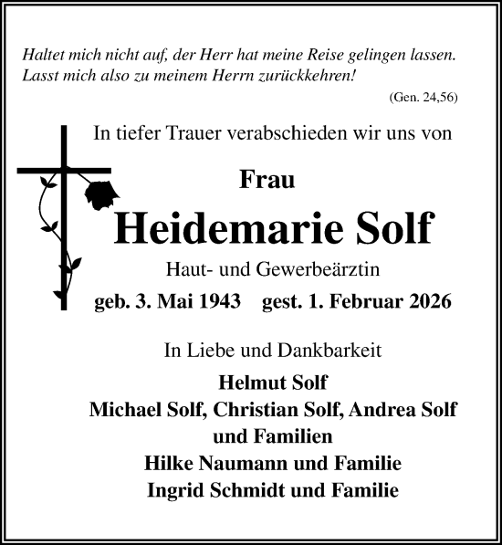 Traueranzeige von Heidemarie Solf von Märkischen Allgemeine Zeitung