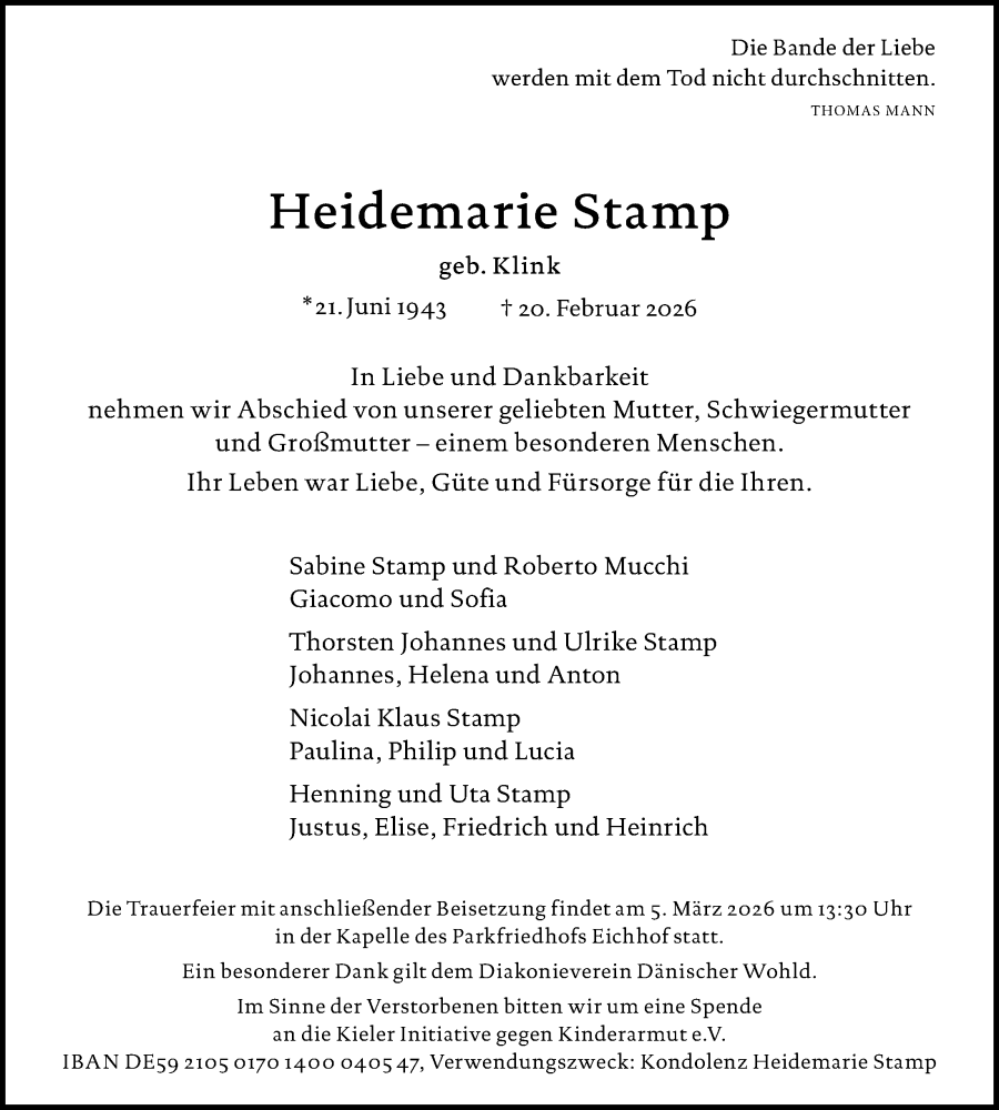  Traueranzeige für Heidemarie Stamp vom 28.02.2026 aus Kieler Nachrichten