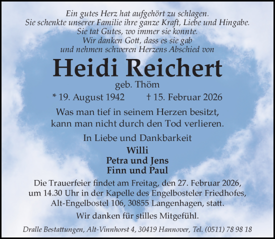 Traueranzeige von Heidi Reichert von Hannoversche Allgemeine Zeitung/Neue Presse