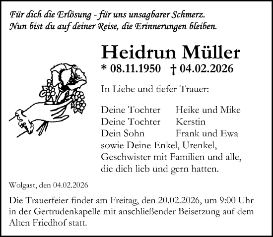 Traueranzeige von Heidrun Müller von Ostsee-Zeitung GmbH