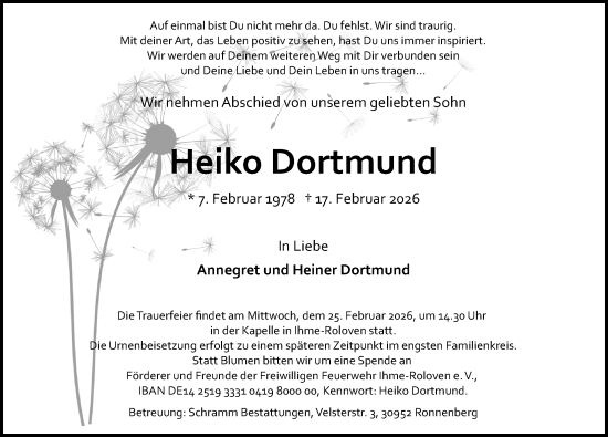 Traueranzeige von Heiko Dortmund von Hannoversche Allgemeine Zeitung/Neue Presse