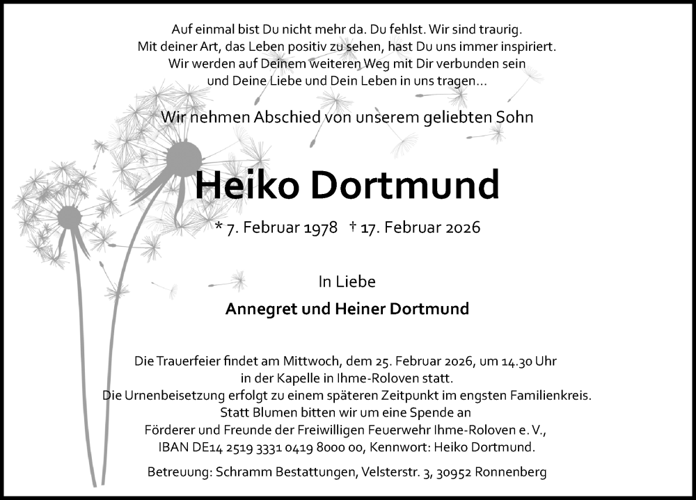 Traueranzeige für Heiko Dortmund vom 21.02.2026 aus Hannoversche Allgemeine Zeitung/Neue Presse