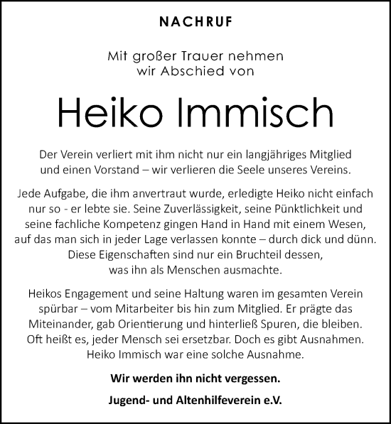 Traueranzeige von Heiko Immisch von Leipziger Volkszeitung