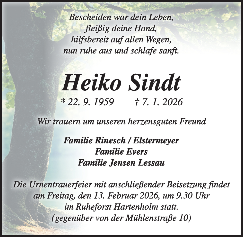  Traueranzeige für Heiko Sindt vom 07.02.2026 aus Kieler Nachrichten
