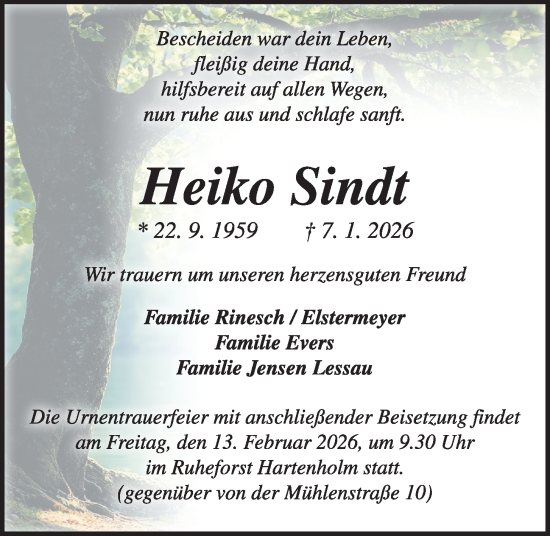 Traueranzeige von Heiko Sindt von Kieler Nachrichten