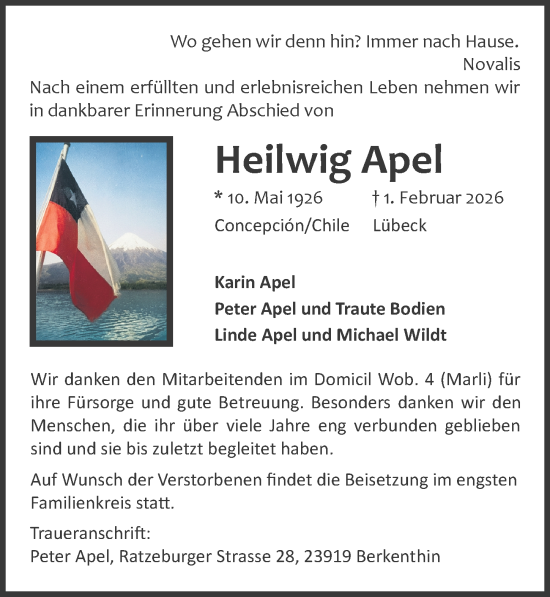 Traueranzeige von Heilwig Apel von Lübecker Nachrichten