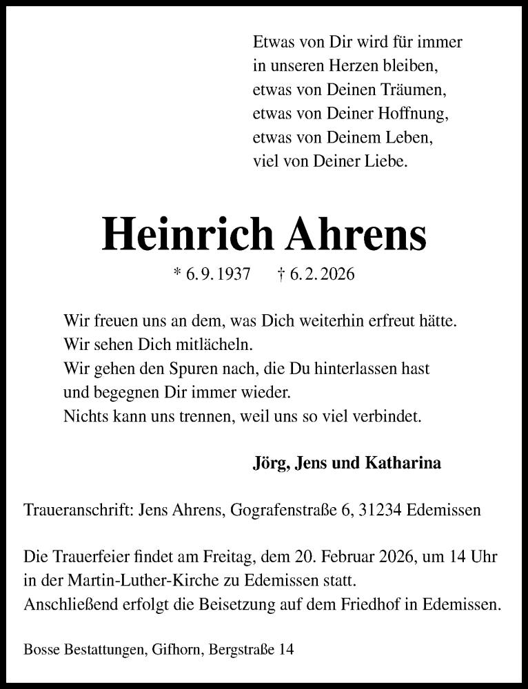  Traueranzeige für Heinrich Ahrens vom 14.02.2026 aus Peiner Allgemeine Zeitung