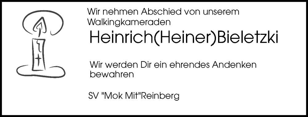 Traueranzeige für Heinrich Bieletzki vom 07.02.2026 aus Ostsee-Zeitung GmbH