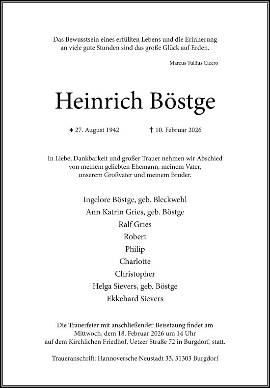 Traueranzeige von Heinrich Böstge von Hannoversche Allgemeine Zeitung/Neue Presse