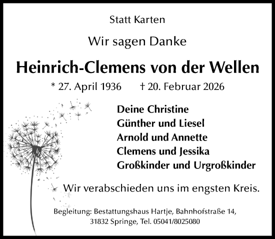 Traueranzeige von Heinrich-Clemens von der Wellen von Hannoversche Allgemeine Zeitung/Neue Presse