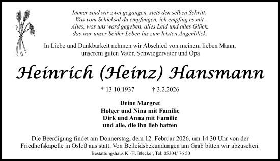 Traueranzeige von Heinrich Hansmann von Aller Zeitung