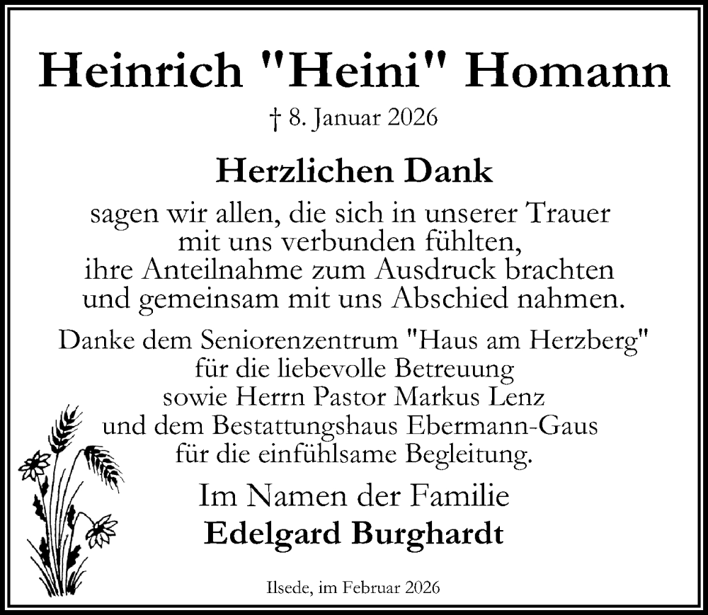  Traueranzeige für Heinrich Homann vom 14.02.2026 aus Peiner Allgemeine Zeitung