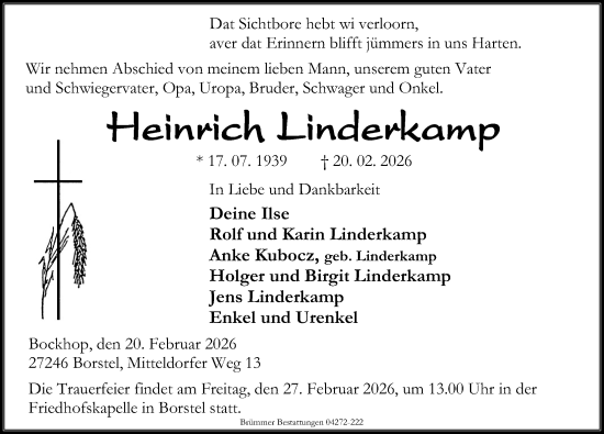 Traueranzeige von Heinrich Linderkamp von Die Harke