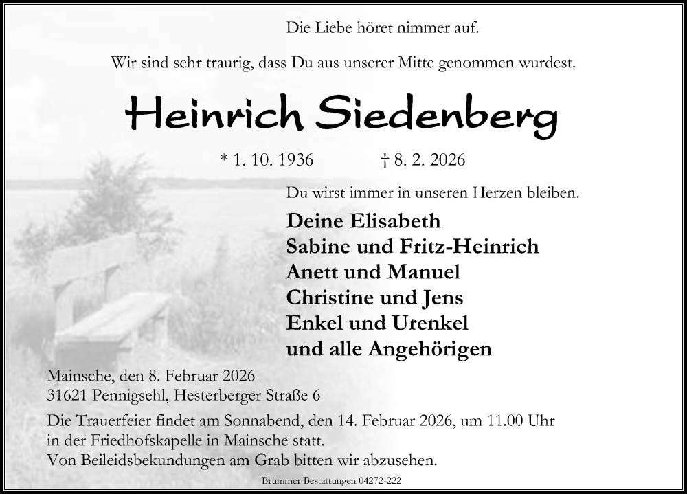  Traueranzeige für Heinrich Siedenberg vom 10.02.2026 aus Die Harke
