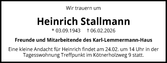 Traueranzeige von Heinrich Stallmann von Hannoversche Allgemeine Zeitung/Neue Presse
