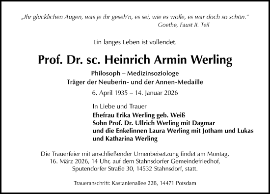 Traueranzeige von Heinrich Armin Werling von Leipziger Volkszeitung